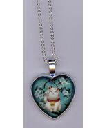 Bubble Heart shaped pendant w/GrBl back of White Cat, Flowers w/ Chain i... - $498.40 MXN