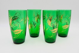 Anchorglass Anchor Hocking Green Tumblers Gold Accent Leaves Swirls Set ... - £11.56 GBP