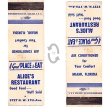 Vintage Matchbook Cover Alices Restaurant 1950s Miami Florida Superior 20 strike - £11.59 GBP
