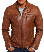 Men&#39;s Tan Genuine Soft Lambskin Leather Jacket Handmade Casual Biker Mot... - $220.85 CAD+
