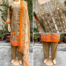 Pakistani Beige Printed Straight Shirt 3-PCS Lawn Suit w/ Threadwork ,XL - £42.84 GBP