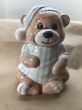 Vintage Teddy Bear in Blue &amp;. White Striped Pajamas &amp; Night Cap Cookie Jar. - £30.07 GBP