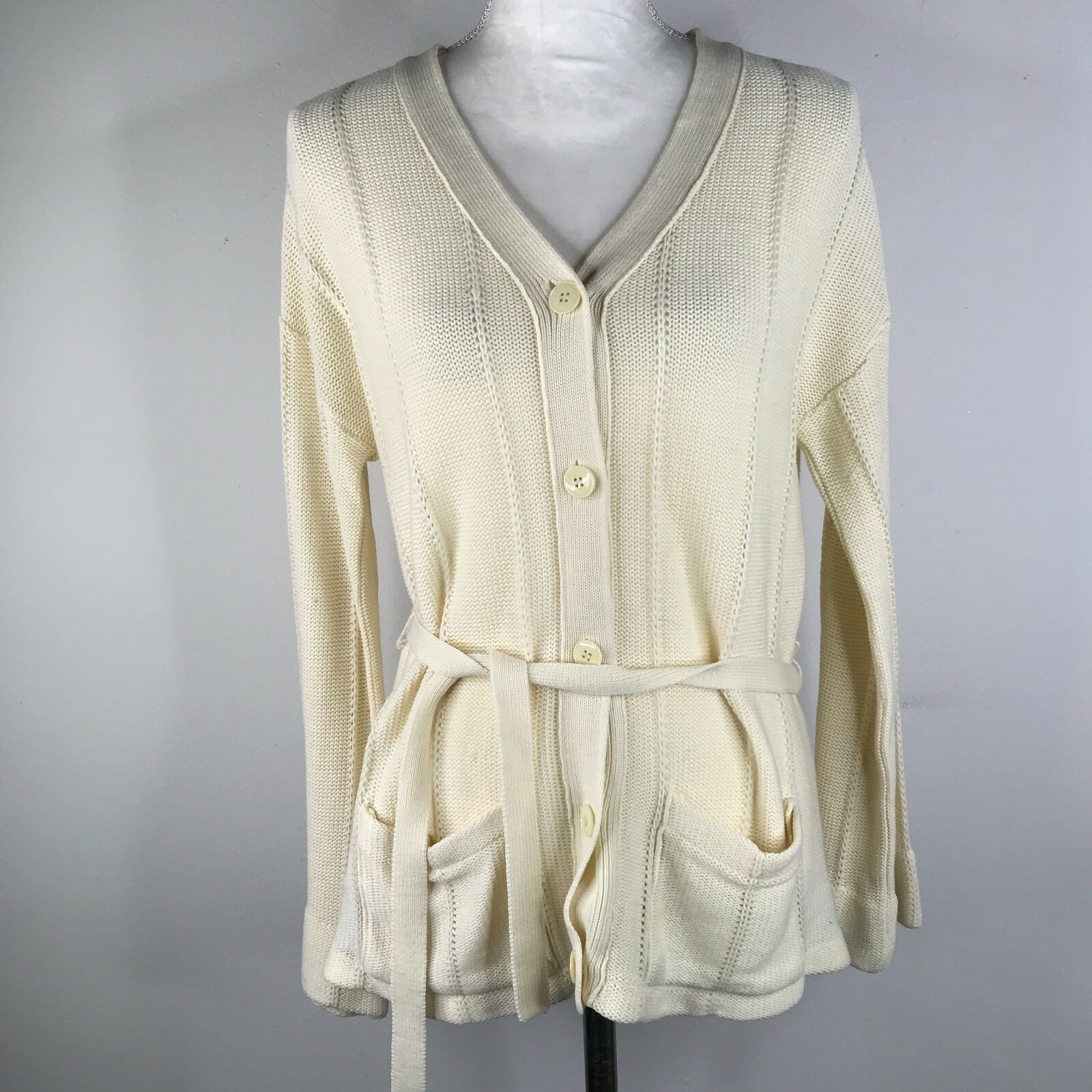 Vintage Kmart Strickjacke Pullover Damen M Creme Gürtel Knopf Vorne V Au... - $24.73
