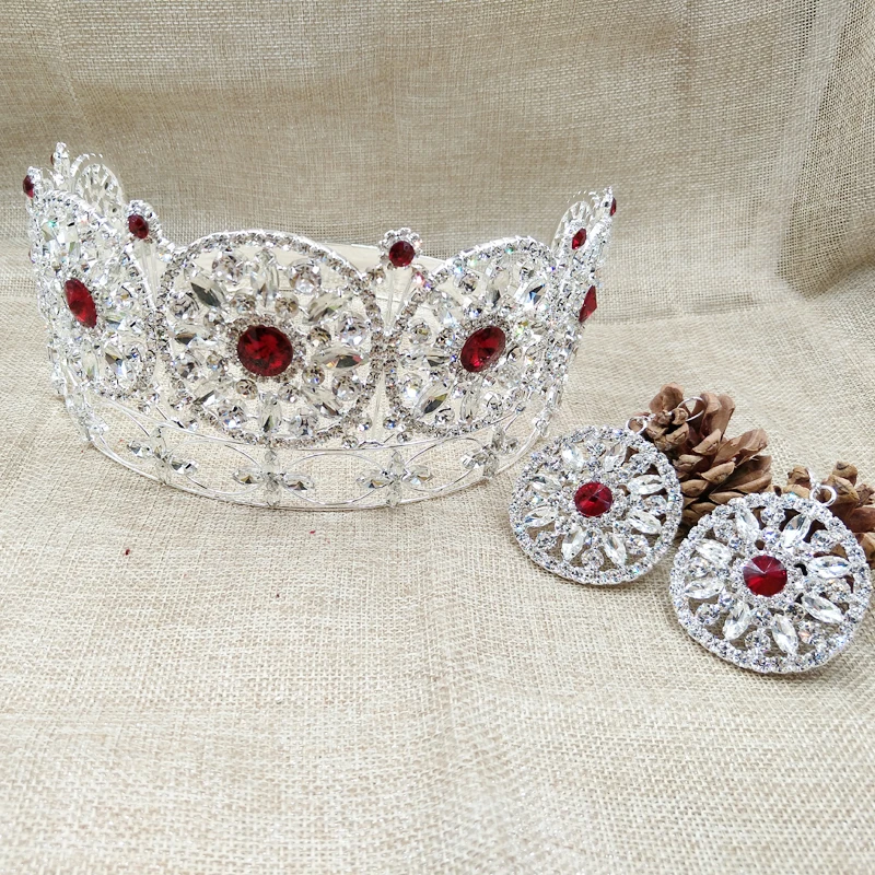 Large noble red full crown pageant miss world rhinestone round full tiara crown  - £74.82 GBP