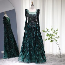 Beautiful Emerald Green Muslim Evening Dresses Luxury Dubai Crystal Overskirt Bu - £389.09 GBP