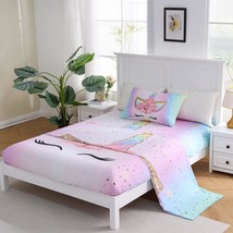 Unicorn Fitted Bed Sheet Set 3 Pieces Pink Flower Rainbow Cartoon Unicorn Bed Sh - £43.49 GBP