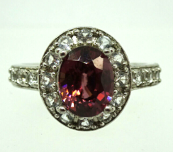 Rhodium Plated Sterling Silver Ring, Synthetic Pink Stone and CZ, Size 9.5 - £38.54 GBP
