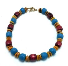 Vintage Blue and Red Wood Bead Necklace 19 1/2&quot; Chunky Runway Showpiece - £8.11 GBP