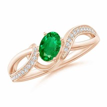 ANGARA Solitaire Oval Emerald Twisted Ribbon Ring with Pave Diamond Accents - £1,040.18 GBP