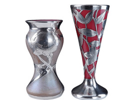 c1900 Art Nouveau Sterling Silver Overlay Art glass Vases - $702.90