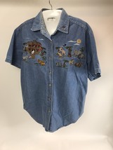 Vintage Denim Shirt Top Noah&#39;s Ark Lets Quizz Again Womens S Embroidered Animals - £15.28 GBP