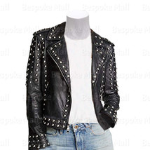 New Woman Classic Black Brando Style Silver Studded Cowhide Leather Jacket-145 - £231.76 GBP