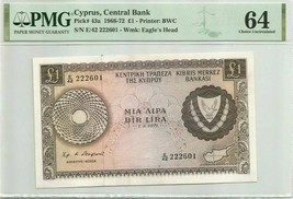 Cyprus 1 Pound 1971 UNC Banknote Graded by PMG MS64 Pick #43a Key Date 01150 - £316.63 GBP