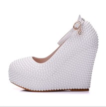 Woman Platform White Ivory Pearl Rhinestone Wedding Bridal Shoes High Heels Pump - £80.03 GBP