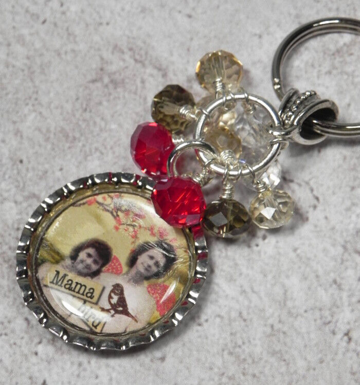 Mama Bird Bottle Cap Keychain Crystal Beaded Handmade Split Key Ring New - £11.11 GBP