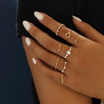 9pcs / set Bohemian Golden Wave Hollow Heart Geometric Crystal Joint Ring Set Wo - £7.56 GBP