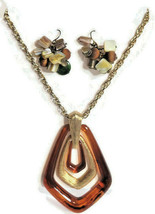 Avon Faux Tortoise Shell Necklace Pendant &amp; Pierced Earrings Gold-Tone - £11.75 GBP