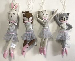 Plush Ballerina Critter Fabric Christmas Ornament Silver Tutu Cat Bunny ... - $5.44