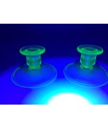 VINTAGE Uranium Glass Candlestick Holders Pair Green Depression 2.5&quot; UV ... - $21.78