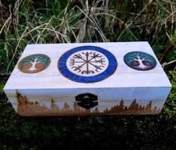 Handmade engraved wooden jewellery / organizer box Viking Vegvisir Tree of Life - £28.99 GBP