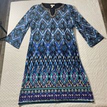 Chico&#39;s 1 Knit Knee Length Dress Misses L Poly Blue White Black Silver B... - $28.22