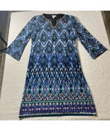 Chico&#39;s 1 Knit Knee Length Dress Misses L Poly Blue White Black Silver B... - $28.22