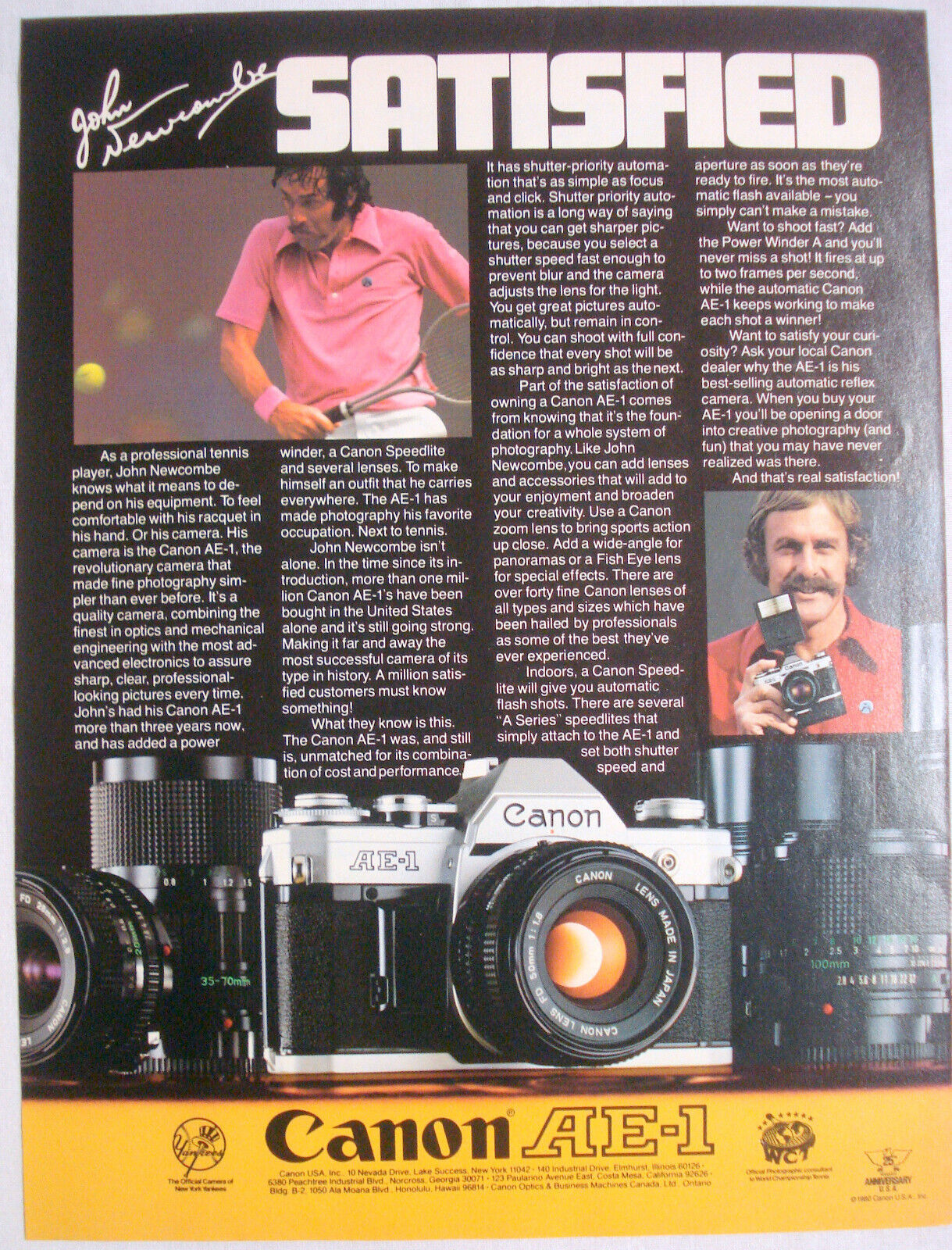 Primary image for 1980 Color Ad Canon AE-1 Camera Featuring Tennis Star John Newcombe