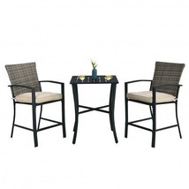 3 Pieces Patio Rattan Bar Furniture Set with Slat Table and 2 Cushioned Stools-G - $584.08 CAD