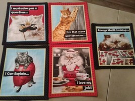 5pc cats animals mug rugs mustache waitress bingo teacher quilted handmade - $18.54