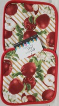 Set Of 2 Same Printed Pot Holders(7&quot;x7&quot;) Red Apples,Halves &amp; Flowers,Red Back,Am - £6.35 GBP