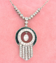 Estate Art Deco 2.11ctw Mixed Diamond &amp; Onyx Lavalier Pendant Cocktail Necklace - £3,980.37 GBP