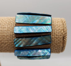 Vintage Dyed Turquoise Mother Of Pearl Abalone &amp; Wood Stretch Bracelet - £11.45 GBP