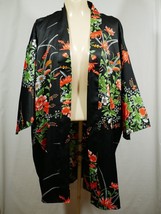 Vintage Kimono Shirt Top Black Floral Polyester Japan Open Great Color - £47.20 GBP