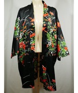 Vintage Kimono Shirt Top Black Floral Polyester Japan Open Great Color - £47.68 GBP
