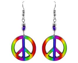 Peace Sign Earrings Hippie Symbol Graphic Dangles - Retro Fashion Handmade Jewel - £11.86 GBP