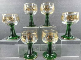 6 Bockling Wine Glasses Set Vintage 4 1/2&quot; Green Beehive Stem German Roe... - $86.10