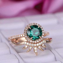2.65Ct Round Cut Green Emerald Bridal Set Halo Engagement Ring 14K Rose Gold FN - £118.36 GBP