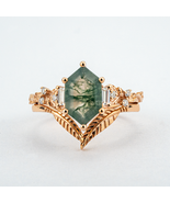 Long hexagonal moss agate Unique engagement ring Set Leaf Ring  - $450.00+