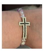 Handmade Purple Pink Crackle Glass Bead Cross Rhinestone Stretch Bracelet - $8.73