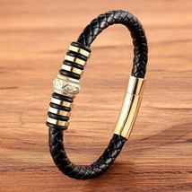 Luxury Round Accessories Combination Men&#39;s Stainless Steel Leather Bracelet Gold - £10.86 GBP