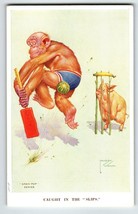 Monkey Pig Play Paddle Ball Postcard Larson Wood Signed Fantasy Anthropomorphic - £18.98 GBP