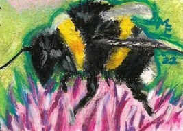 Original Oil Pastel Painting ACEO Bumble Bee Flower Floral Miniature Art ATC - £15.89 GBP