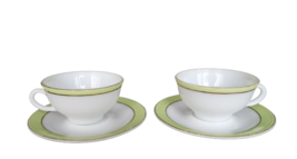 Vtg Pyrex set of 2 tea cups &amp; saucers milk glass lime green gold rim  - £19.97 GBP