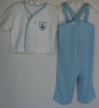 VINTAGE Baby Boy 12-18 months Soft Blue Overalls with Sweater Cardigan White - £15.47 GBP