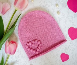 Knitted girl bubble heart hat Merino wool bobble slouchy hat Toddler gir... - $42.00+