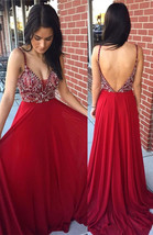 Spaghetti Straps Red Beaded Long Prom Dresses Evening Dresses - $179.99