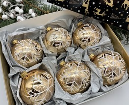 Set of 6 gold with white snowflake Christmas glass balls, hand painted o... - $71.25