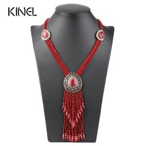 Turkish Red Crystal Bead Necklaces For Women Gold Color Hand Made Long P... - $23.23