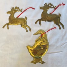3 Vintage Dept 56 Brass color metal Christmas Ornaments Reindeer Goose - £19.98 GBP