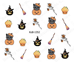 Nail Art Water Transfer Stickers Decal Halloween pumpkin skeleton broom KoB-1352 - £2.40 GBP